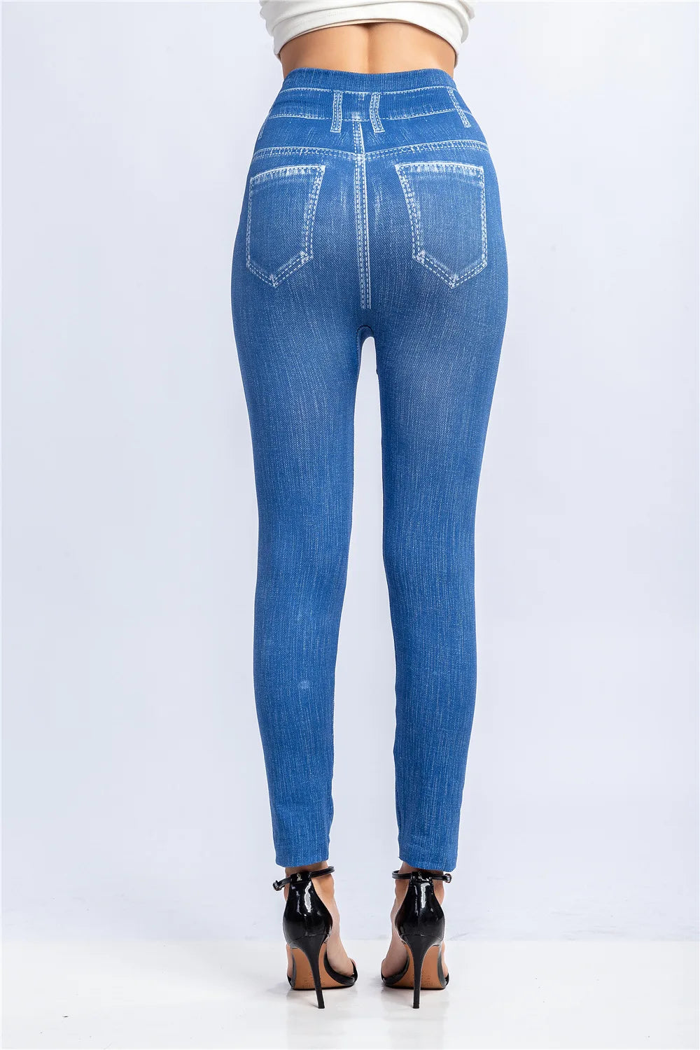 Fashion Stripe Printed Imitation Denim Leggings for Women's Elastic Slim Denim Trousers