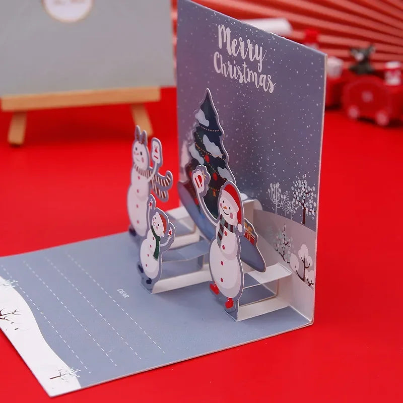 3D Pop Up Cartoon Christmas Card Merry Christmas Greeting Card Handwritten Blessing Invitation Cards Thanksgiving New Year Gifts