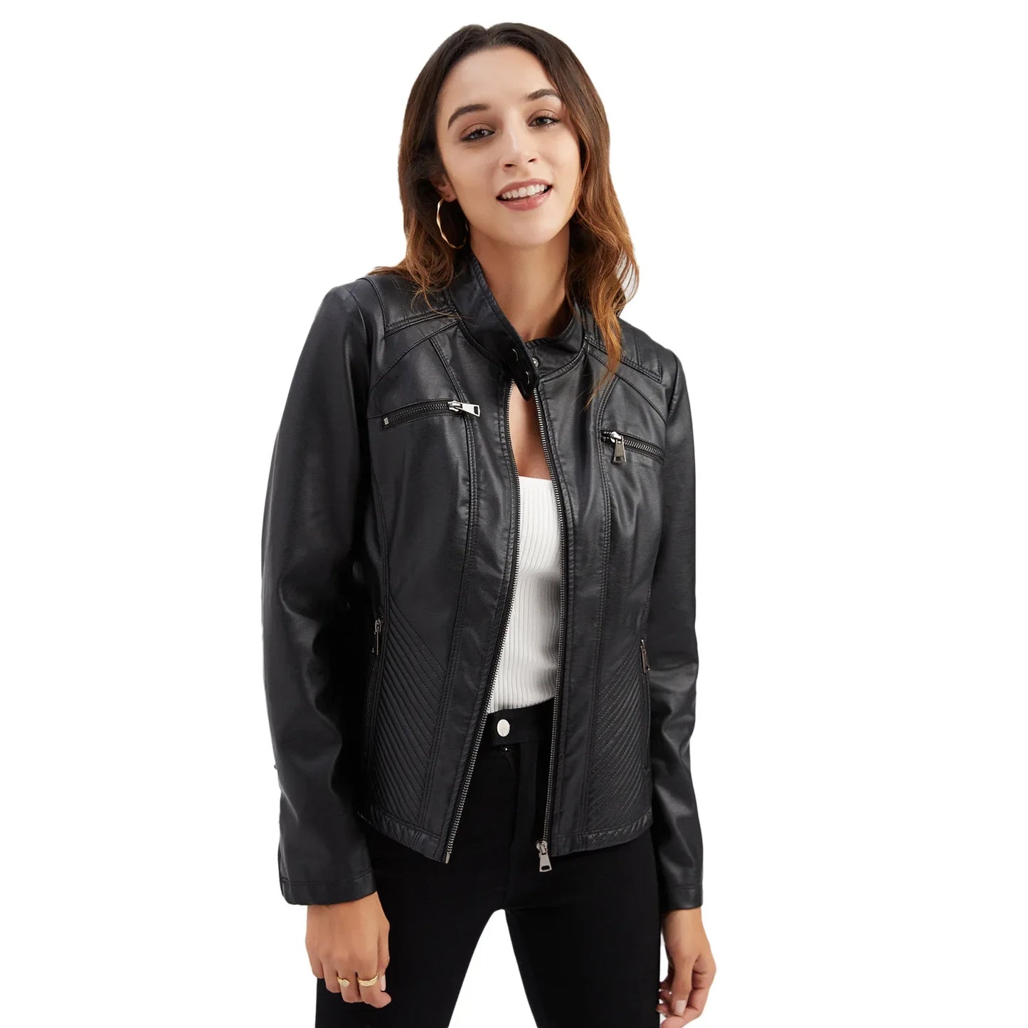 Women's Coat Fashion Trend Simple Analog Collar Zipper PU Leather Motorcycle Jacket for Women