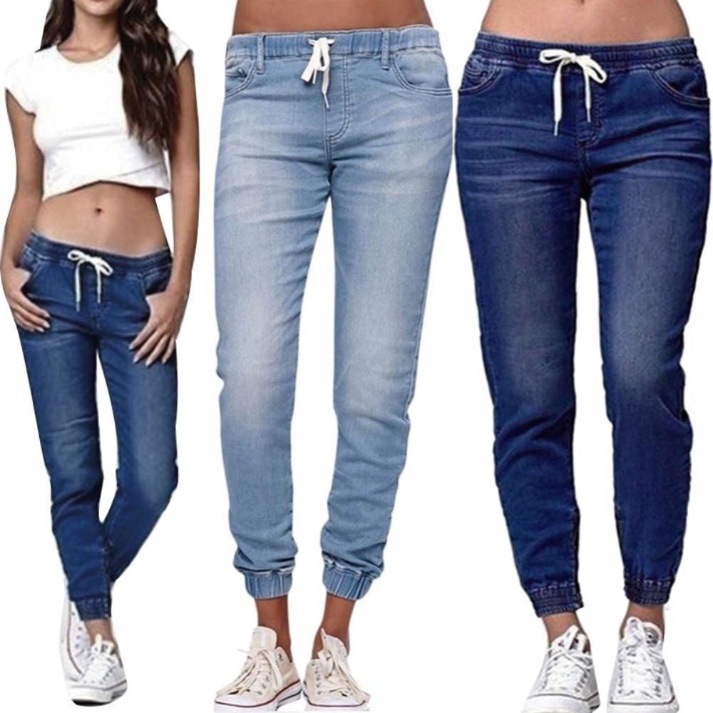 Loose Drawstring Women Jeans Elastic Waist Pants Denim Plus Size Casual Long