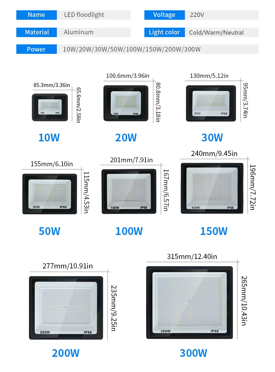 LED Flood Light IP66 Waterproof Spotlight Garden Street Gate Wall Floodlights Outdoor