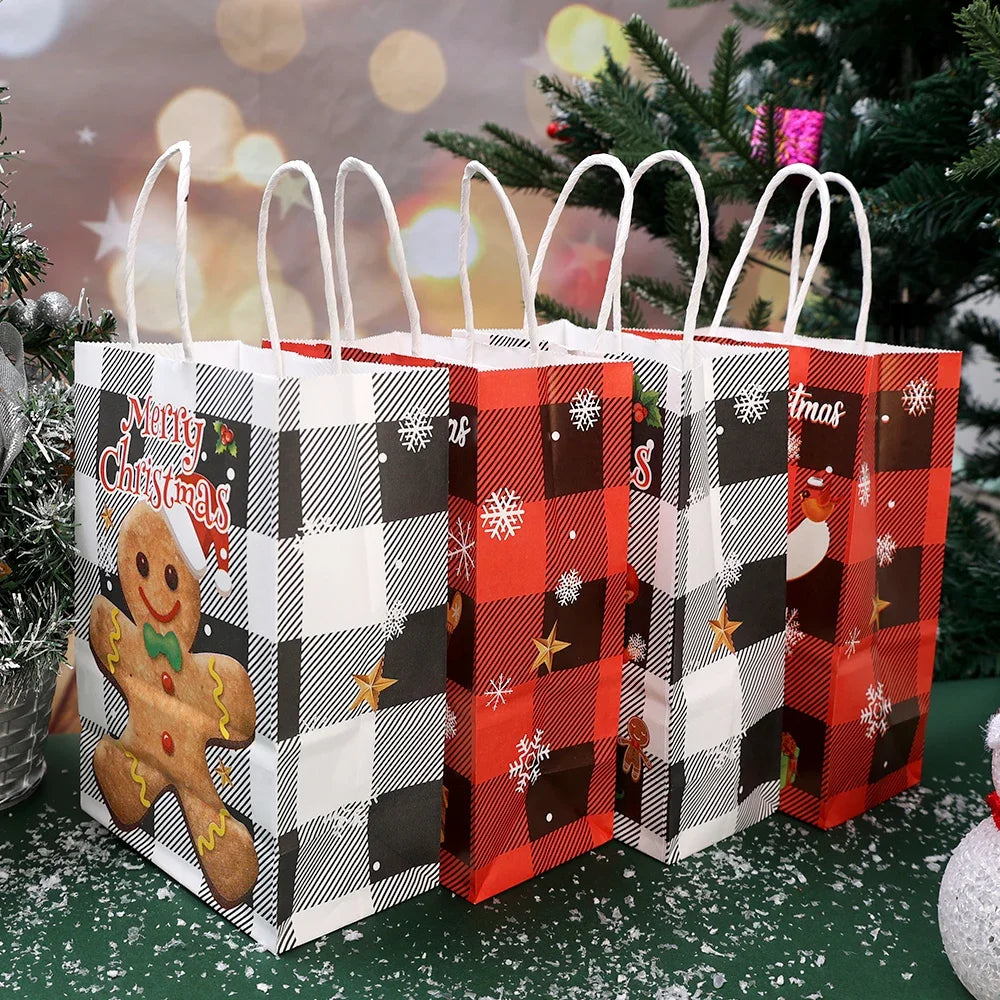 24/1PCS New Kraft Paper Handle Bags Christmas Santa Claus Snowman Candy Cookie Packaging Pouches Party Home Decoration Supplies