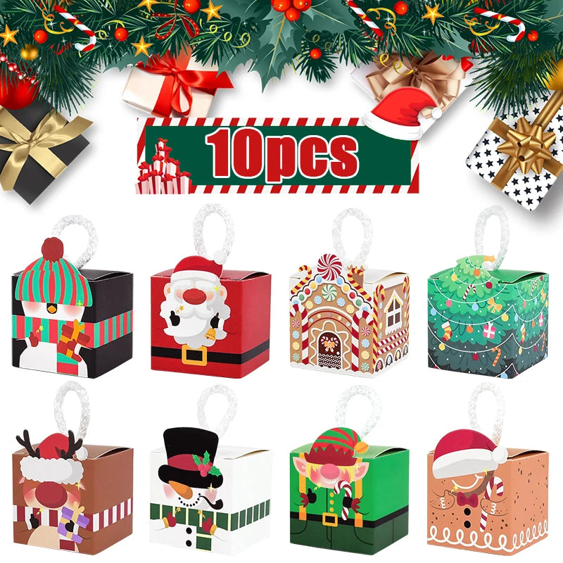 10Pcs Christmas Gift Box Xmas Tree Santa Claus Snowman Paper Candy Cookie Packing Box Bags Children Favors