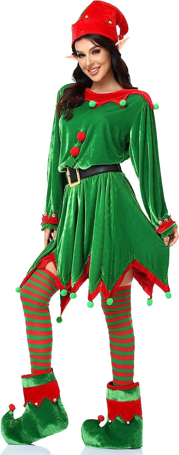 Women Girls Christmas Elf Costume Set Santa's Including Elf Hat Santa Dress Striped Stockings Shoes Belts