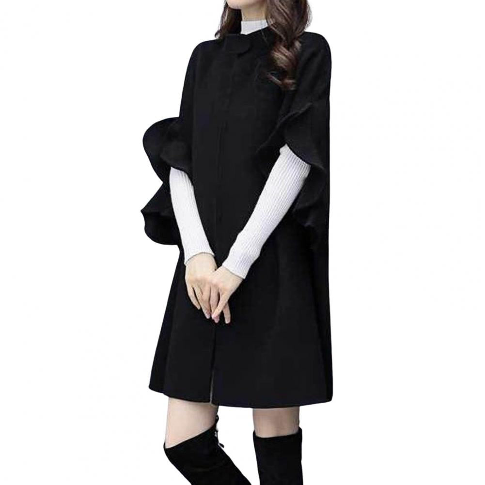 Women Winter Coat Solid Color Formal Elegant Big Hem Midi Length Long Sleeves Cardigan Stand Collar Lady Cloak Coat for Dating