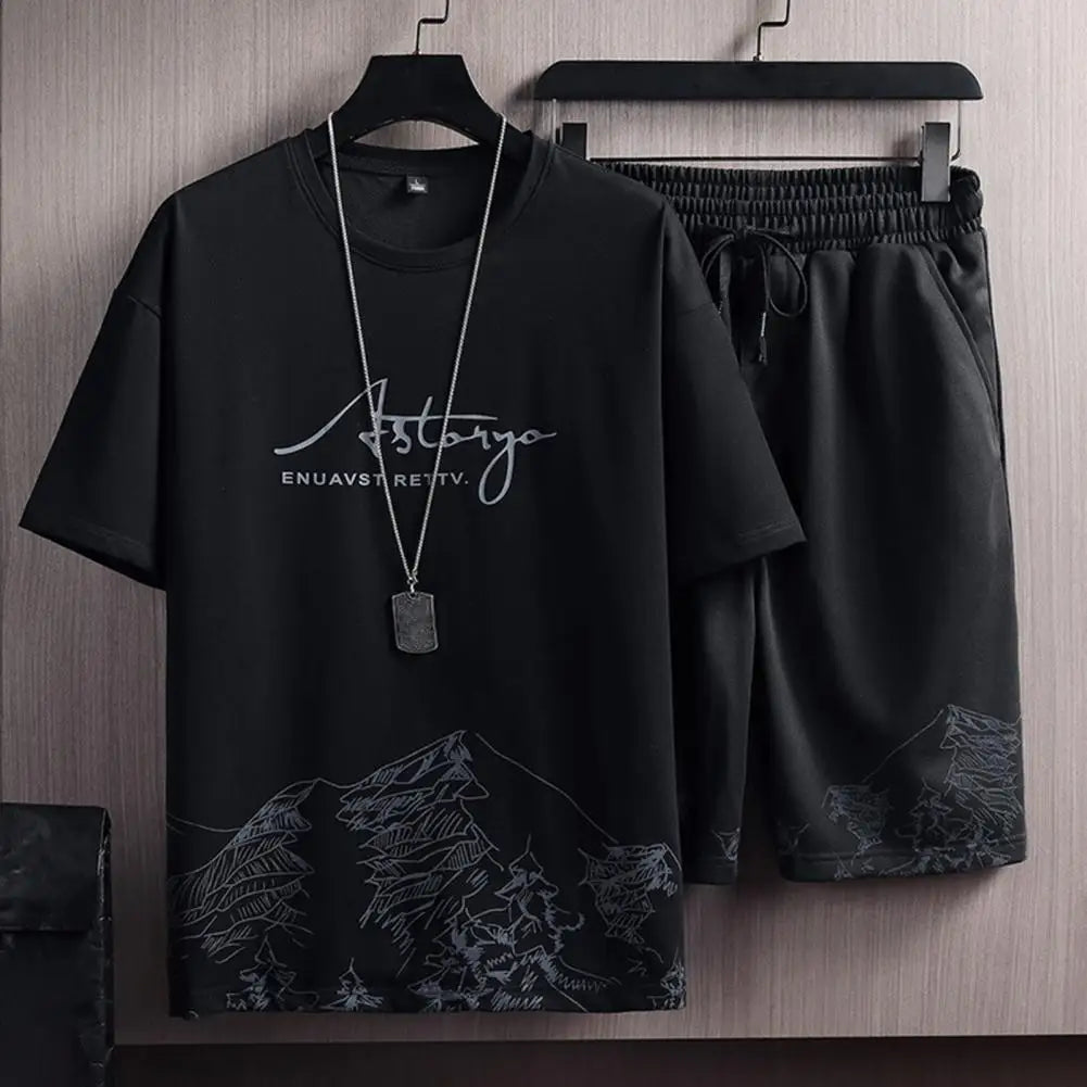 T-shirt Shorts Sportswear Suit Mountain Print Loose T-shirt And Shorts Casual Outfit Summer Men Sports Tracksuit Streetwear