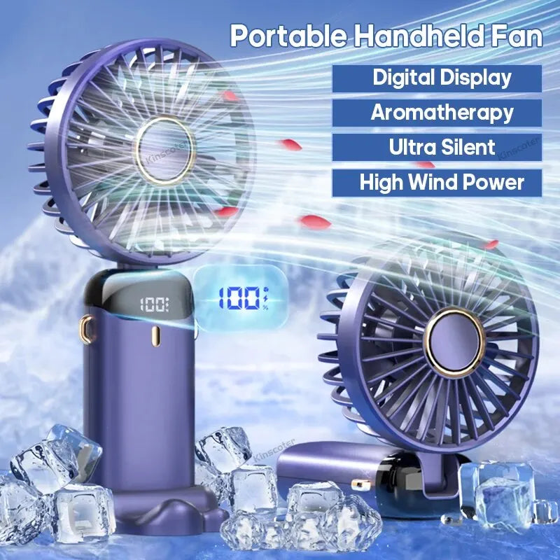 Mini Fan Foldable Portable Neck Hanging Fans 5 Speed Rechargeable Fan with Phone Stand and Display Screen USB Handheld