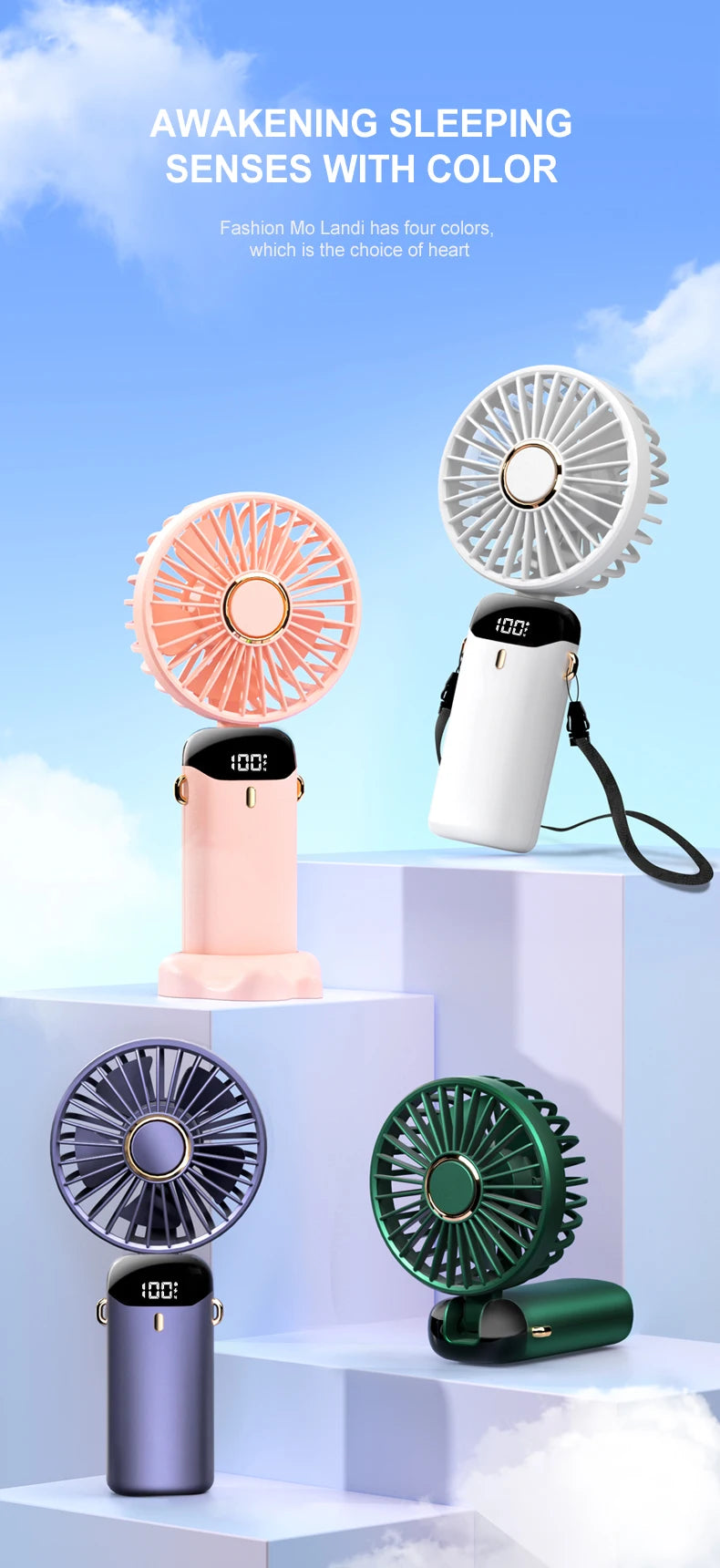 Mini Fan Foldable Portable Neck Hanging Fans 5 Speed Rechargeable Fan with Phone Stand and Display Screen USB Handheld