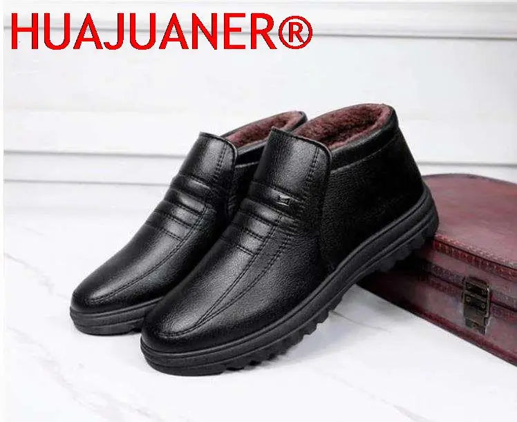 Waterproof Men's Casual Leather Shoes Flannel High Top Slip-on Male Casual Shoes Rubber Warm Winter Shoes for Mens