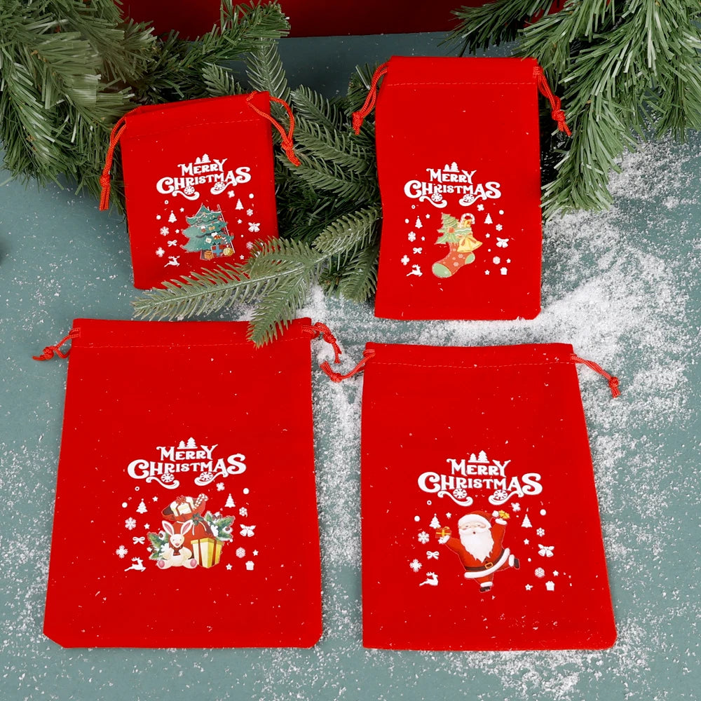 10/1Pcs Red Christmas Velvet Bags Drawstring Santa Gift Pouch Candy Snack Wrapping Bag Christmas Wedding Party Favors Decoration