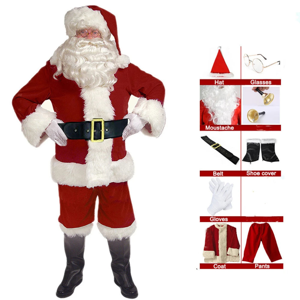 Santa Claus Costume Christmas New Year Men Costumes Red Deluxe Classic Adults Xmas Set Carnival Party