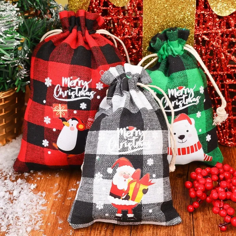 Christmas Burlap Bag Linen Xmas Gift Packaging Bags Santa Claus Snowman Drawstring Pocket Pouch Kids Favors Wrapping Box