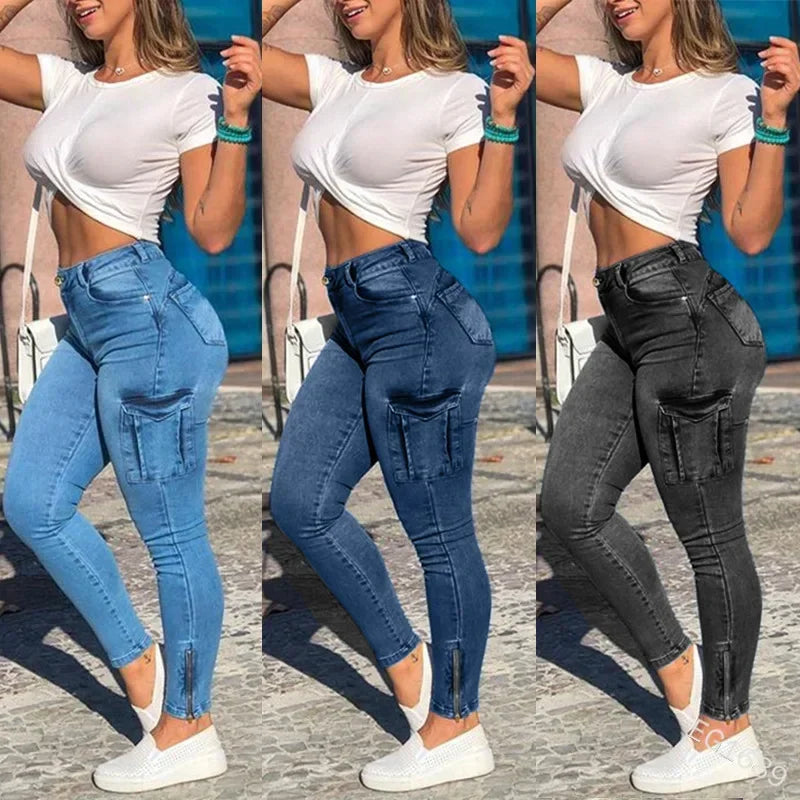 Women's Pencil Pants with Pockets Cargo Denim Distressed High Waist Washing Slim Fit