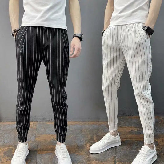 Men Harem Pants Striped Drawstring Elastic Waist Slim Fit Streetwear