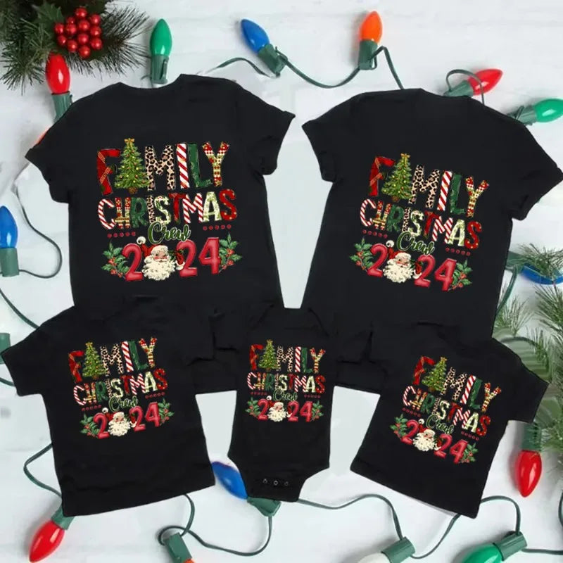 Christmas Day Set Family Christmas Crew Print Matching Outfits Short Sleeve Family Tees Shirt Outfit Holiday Casual Clothes