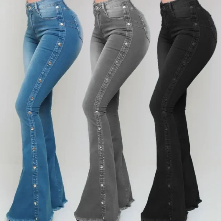 High Waist Flare Elegant Wide Leg Women Jeans Pant Long Pants Hollow Out Blue Elegant