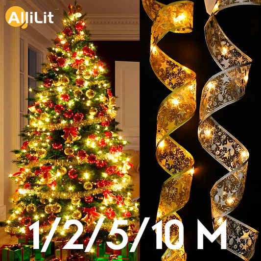 Christmas Decoration LED Ribbon Fairy Lights Christmas Tree Ornaments for Home 2023 DIY Bows Light String Navidad New Year 2024