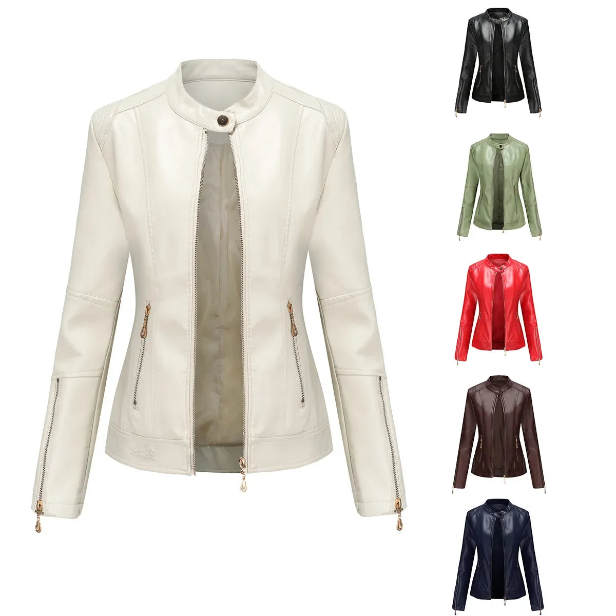 Leather Women Coat Full Sleeve Round Neck Slim Fit Solid Sexy Regular Jackets Zipper Casual Jacket