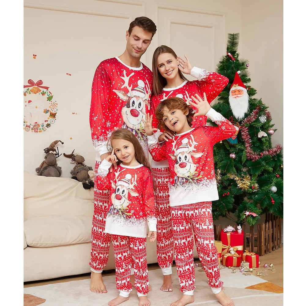 Xmas Pajamas for the Family Set Red Cartoon Elk Print Sleepwear