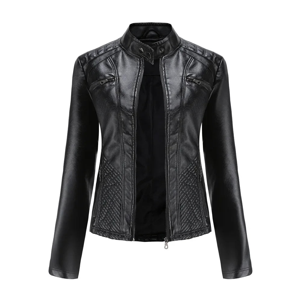 Women's Coat Fashion Trend Simple Analog Collar Zipper PU Leather Motorcycle Jacket for Women