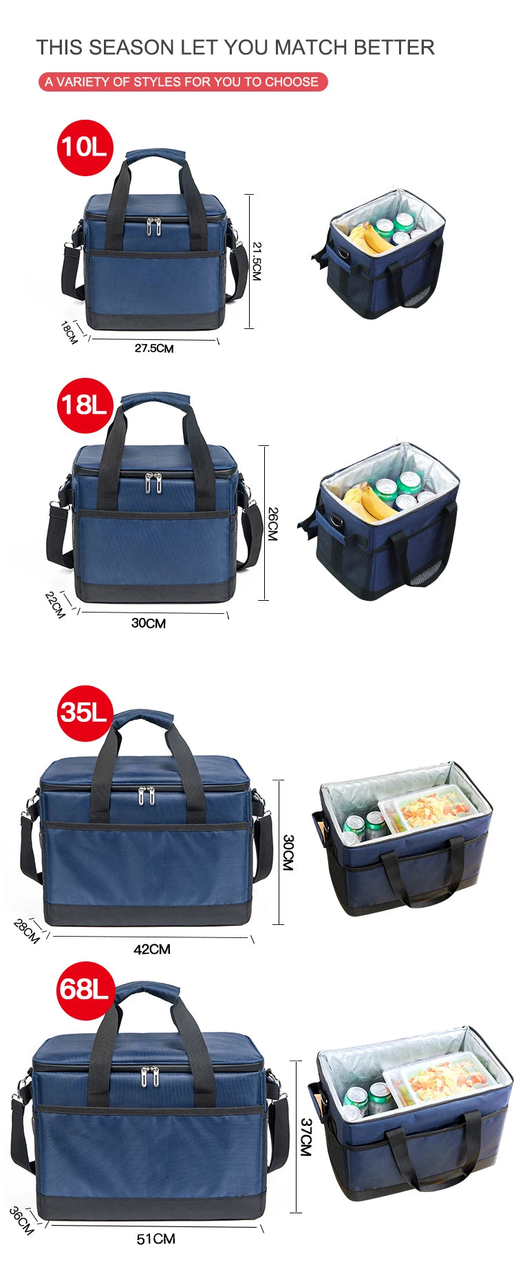 10/35/68L Soft Cooler Bag with Hard Liner Large Insulated Picnic Lunch Box Cooling Bag for Camping BBQ Family Outdoor Activity