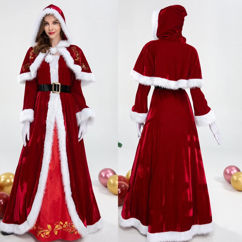 Christmas Santa Claus Costume Red Velvet Lady Elegant Long Dress Xmas For Man Woman