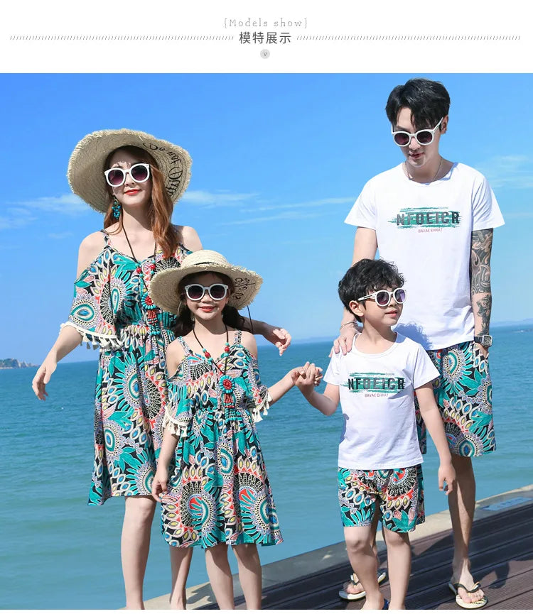 Family Matching Outfits Summer Beach Mother Daughter Floral Dresses Dad Son Cotton T-shirt & Shorts Couple Outfit Seaside