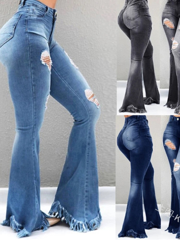 Ripped Jean Distressed Flare Full Length Women Denim Pants Hole Pockets High Waist