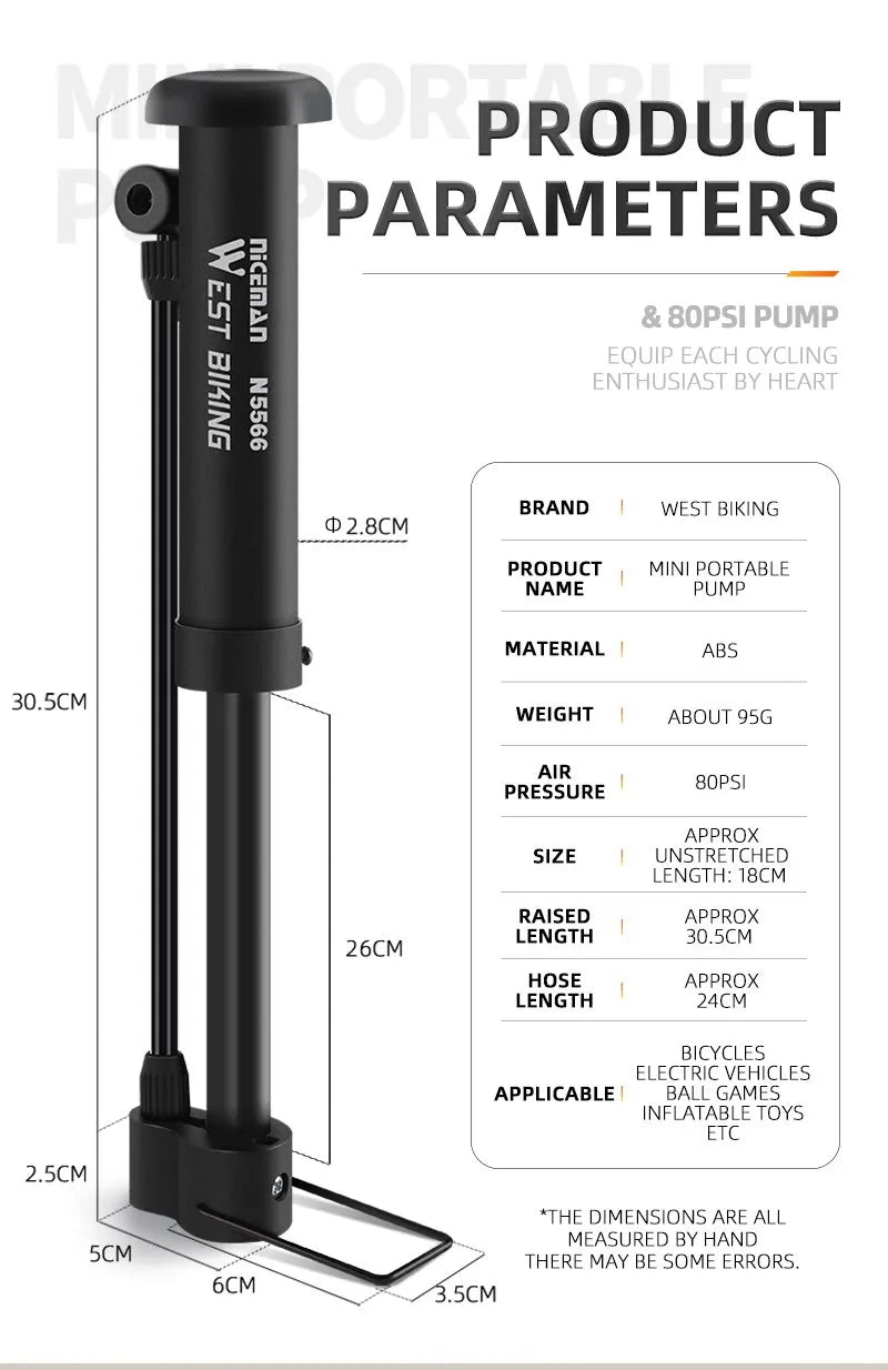 WEST BIKING MTB Bicycle Pump 80 PSI Bike Manual Air Pump Balloon Tire Inflator Schrader Valve Floor Pump Cycling