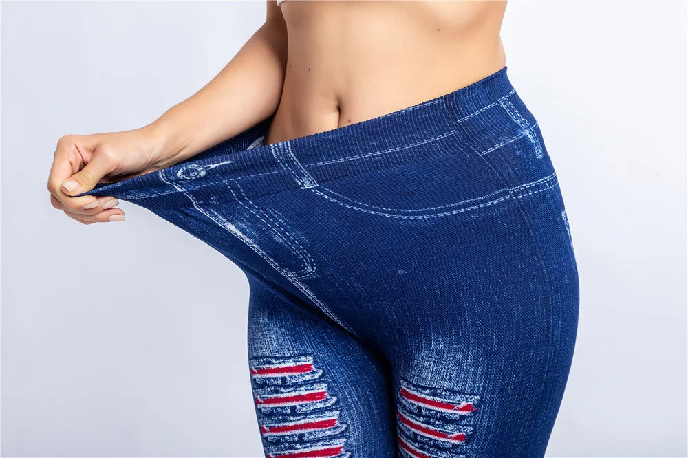 Fashion Stripe Printed Imitation Denim Leggings for Women's Elastic Slim Denim Trousers