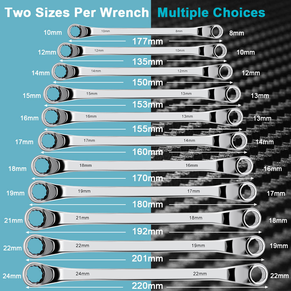 Offset Box End Wrench Set, Carbon Steel Metric 45-Degree,Long Double Ring Wrench Spanners with Rolling Pouch