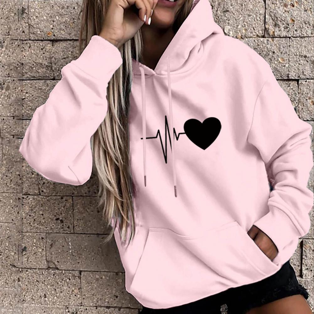 New Arrival Women Hoodie Drawstring Warm Pullover Heart Print Spring Hoodie