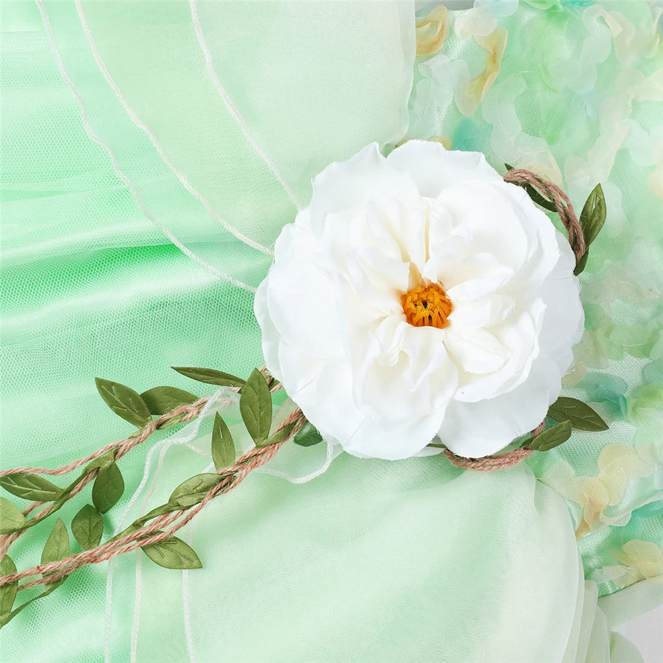 Halloween Children Tiana Cosplay Costume Girls Party Green Tulle Gowns Flower Princess Dresses