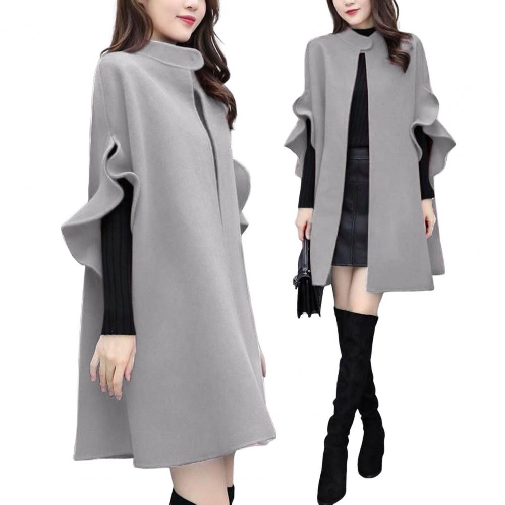 Women Winter Coat Solid Color Formal Elegant Big Hem Midi Length Long Sleeves Cardigan Stand Collar Lady Cloak Coat for Dating