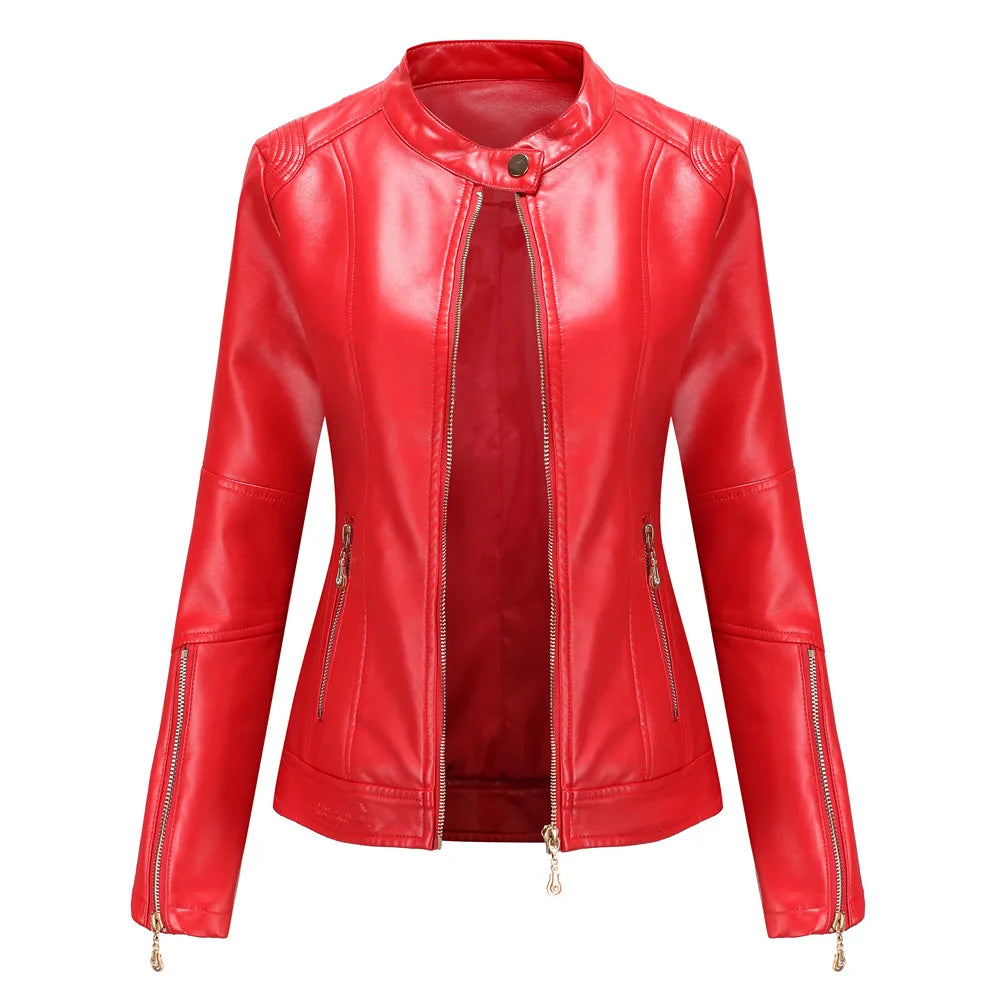 Leather Women Coat Full Sleeve Round Neck Slim Fit Solid Sexy Regular Jackets Zipper Casual Jacket