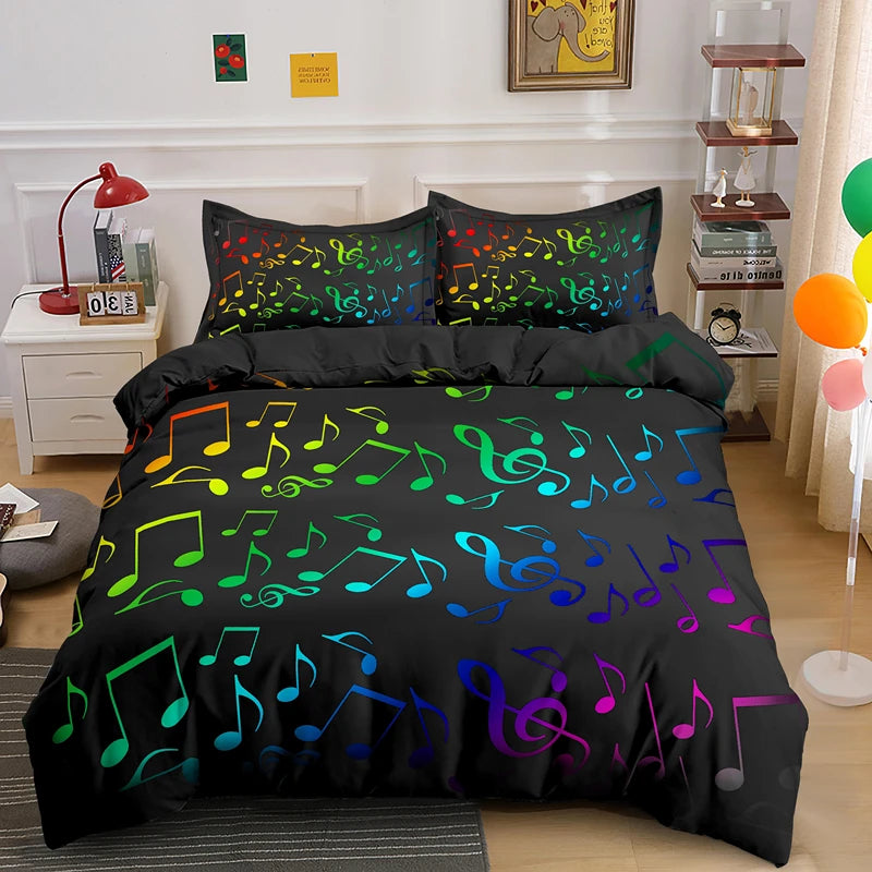 Beautiful Musical Note Bed Sheet Cover Set 3pcs Music Theme Quilt Cover King/Queen Size With Pillowcase Fashionable Psychedelic Soft Duvet Cover