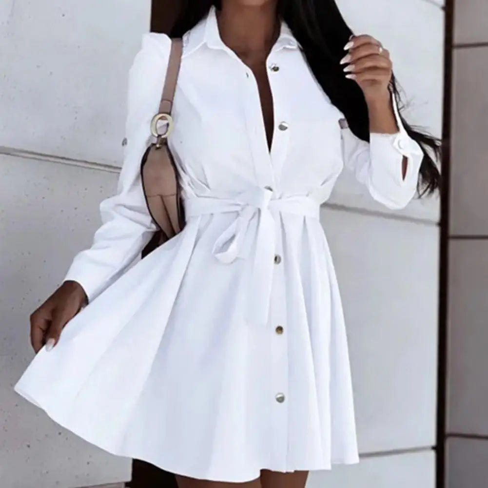 Elegant White Mini Shirt Dress Woman Autumn Long Sleeve Office Ladies Dresses Belt Casual Black Button Lace Up A-line Robe Femme