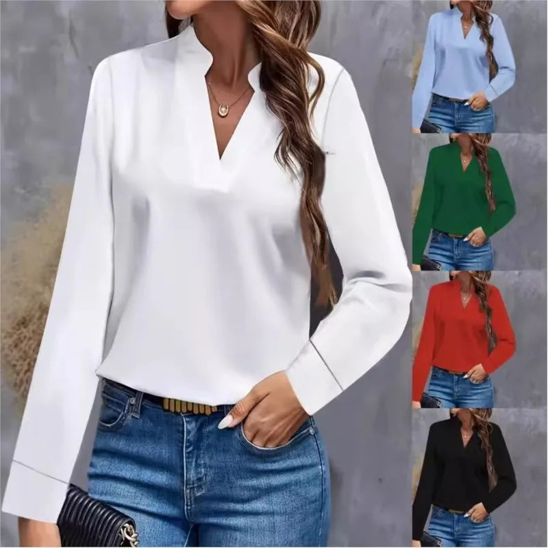 Women's Blouses Spring Long Sleeve Simple Office Lady Solid Color V-neck Loose Casual Shirt Tops For Women Clothing