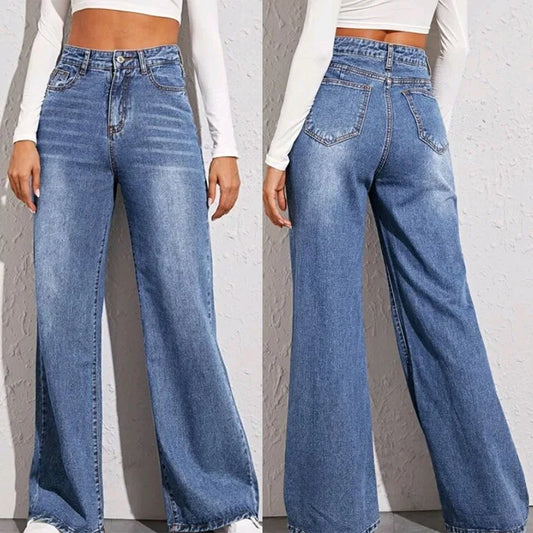 Blue Jeans for Women Wide Leg Pants Denim Trousers High Waist Y2k Loose Elegant Trouser