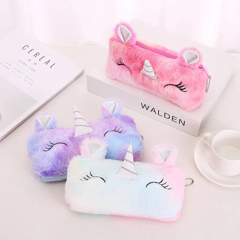 Cartoon Unicorn Pencil Case Plush Kawaii Pencil Bag Cosmetics Storage Pouch Kids Gifts Korean Stationery School Office Supplies