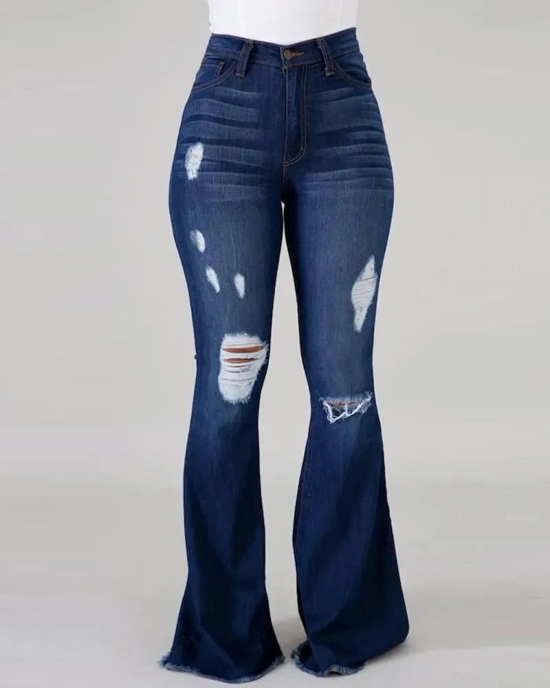 Denim Women's Pants High-stretch Ripped Jeans High-waisted Flared Trousers for Women