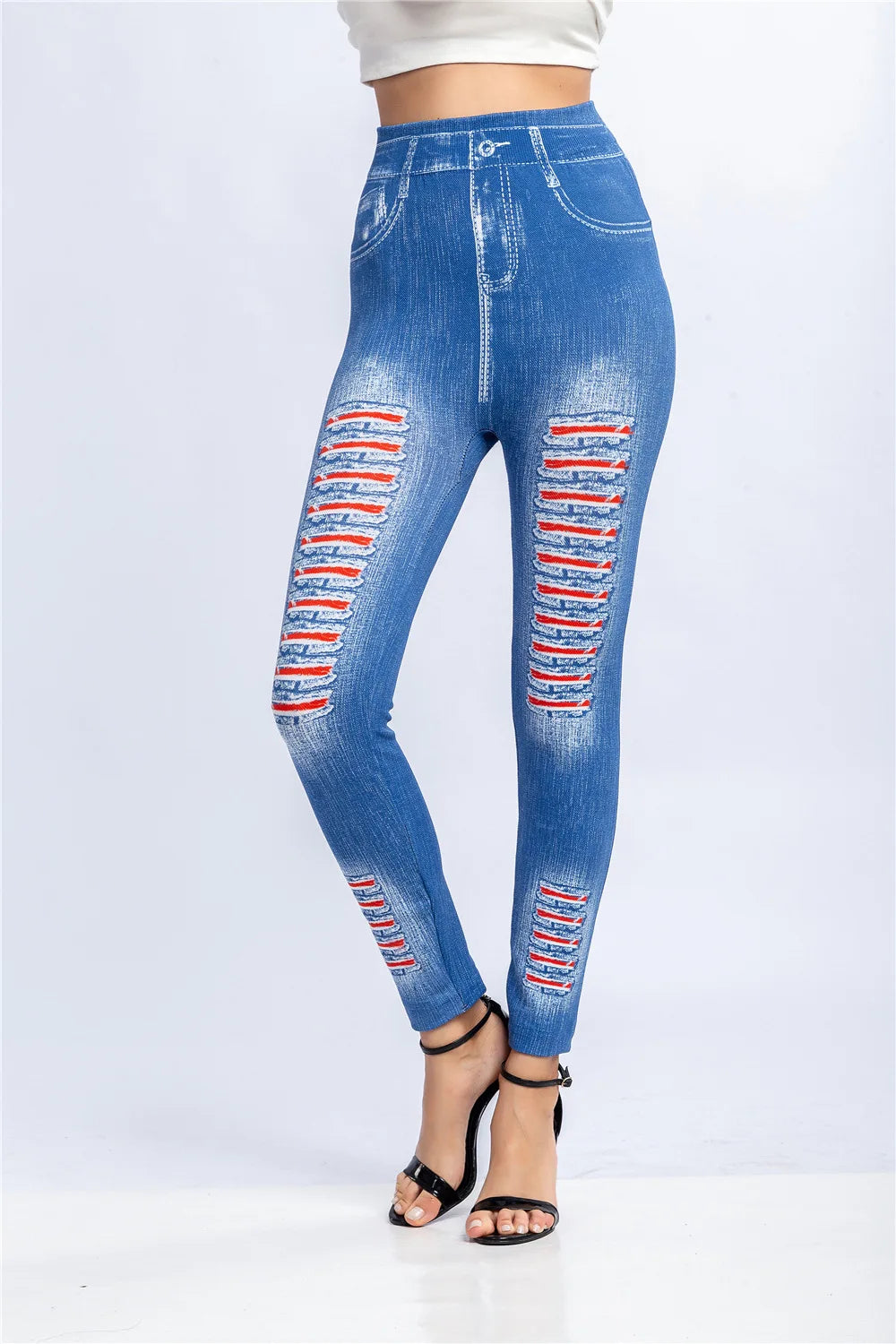 Fashion Stripe Printed Imitation Denim Leggings for Women's Elastic Slim Denim Trousers