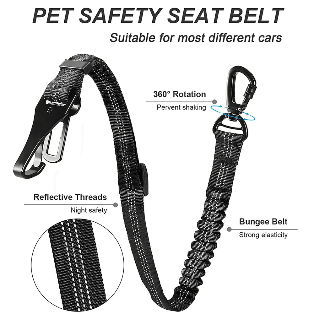 Dog Seat Belt 3-in-1 Car Harness for Dogs Pets Adjustable Safety Seatbelt Reflective Bungee Tether with Clip Hook Latch & Buckle