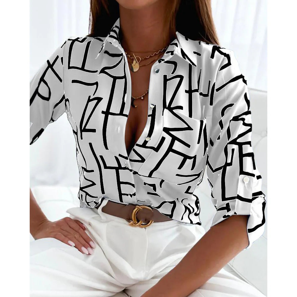 Long Sleeve Shirt Blouse Women Office Elegant Button Pocket Top Casual Loose Print Shirts For Women  Office Elegant Button Pocket Top Casual Loose Print Shirts For Women