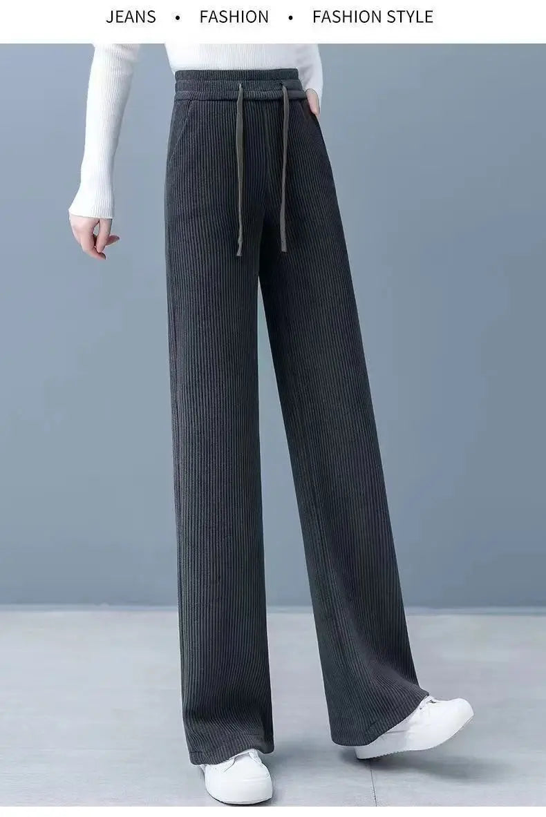 Elastic Waist Loose Casual Wide Leg Corduroy Pants Female Add Velvet Fashion All-match Trousers Women's Clothing