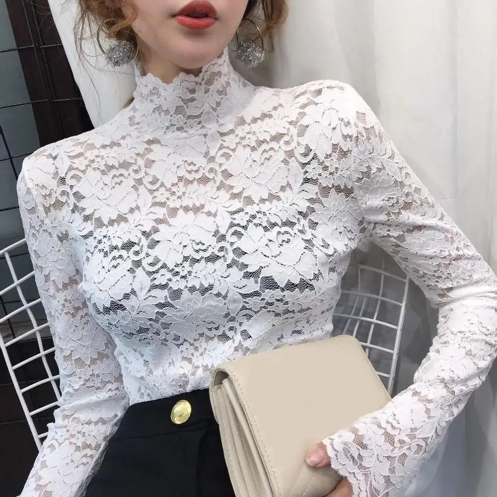 Half High Collar Lace Women Blouse Long Sleeves See-Through Sexy Lace Blouse Women Elegant  Crochet Hollow Floral Blouse Shirt