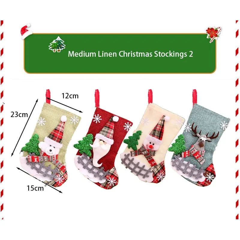 4 Christmas Stockings Socks Santa Snowman Hanging Xmas Tree Ornaments Christmas Decor for Home New Year Navidad Candy Gift Bags