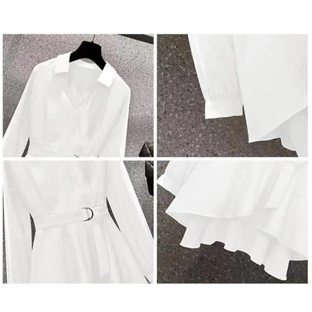 Women Long Sleeves Blouse Lapel V Neck Long Sleeves Irregular Hem Women Shirt Waist Tight Adjustable Belt Pullover Shirt Top