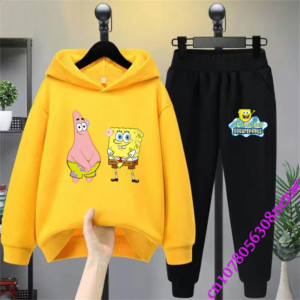 SpongeBob Spring And Autumn Children's Clothing Boys And Girls Sweater Suit 2 Pieces Cartoon Print Sweater Sportswear Trousers