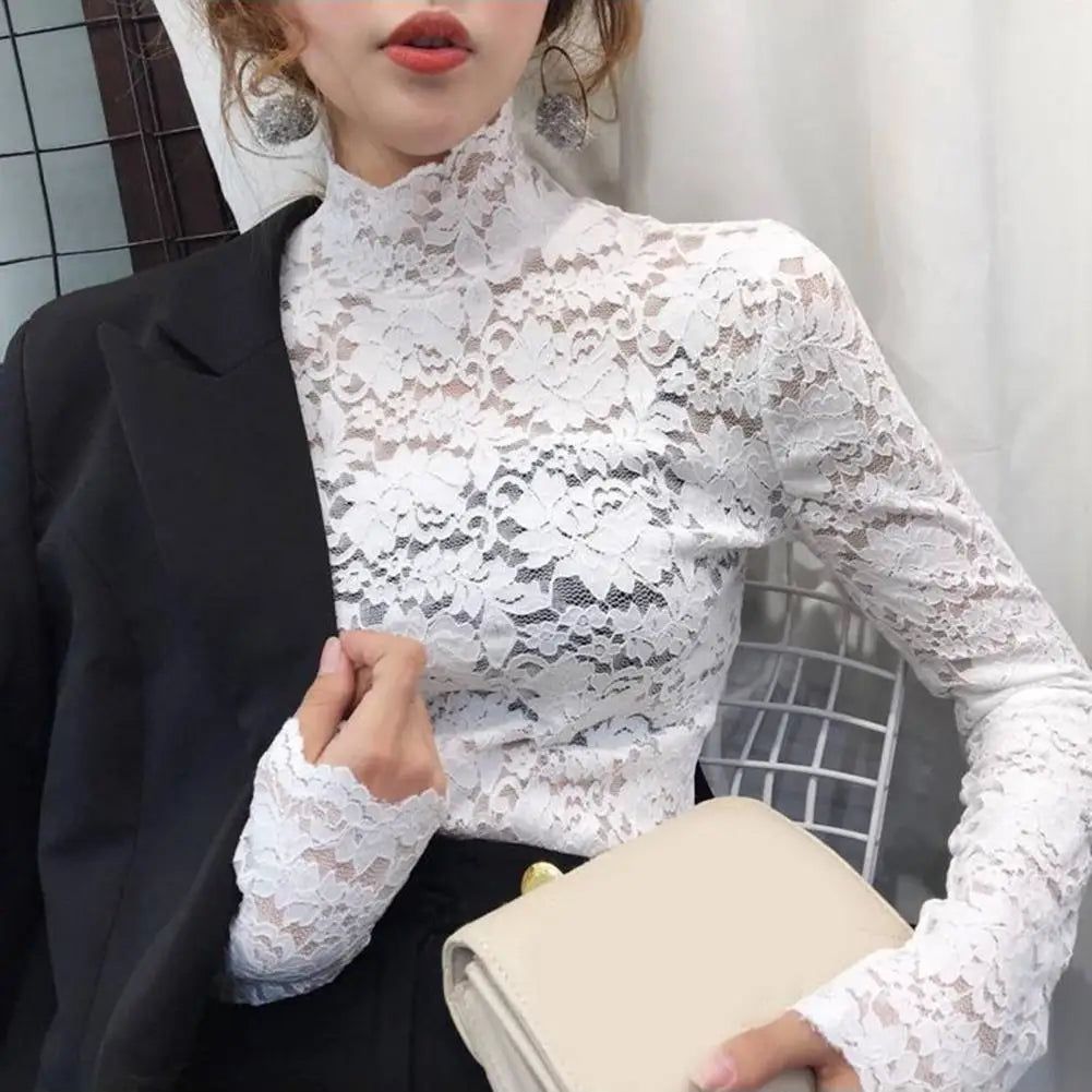 Half High Collar Lace Women Blouse Long Sleeves See-Through Sexy Lace Blouse Women Elegant  Crochet Hollow Floral Blouse Shirt